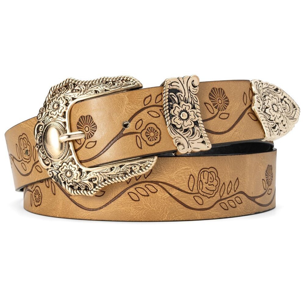 Vintage Western Belt Adjustable Cowgirl Style Floral Buckle Classic Rustic Chic